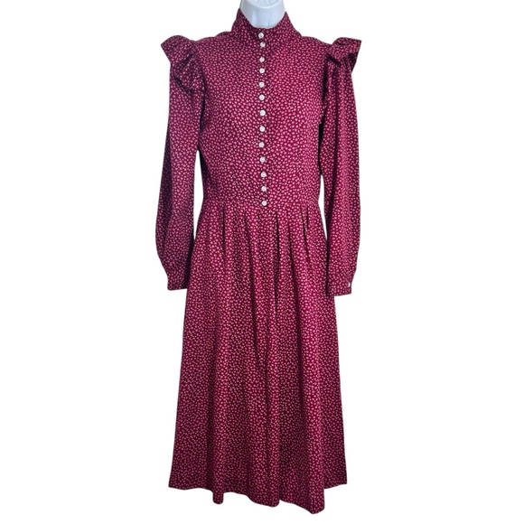 Robbie Bee Vintage 1970s Prairie Midi Dress Size 7/S Burgundy Floral Calico Boho - Picture 1 of 12